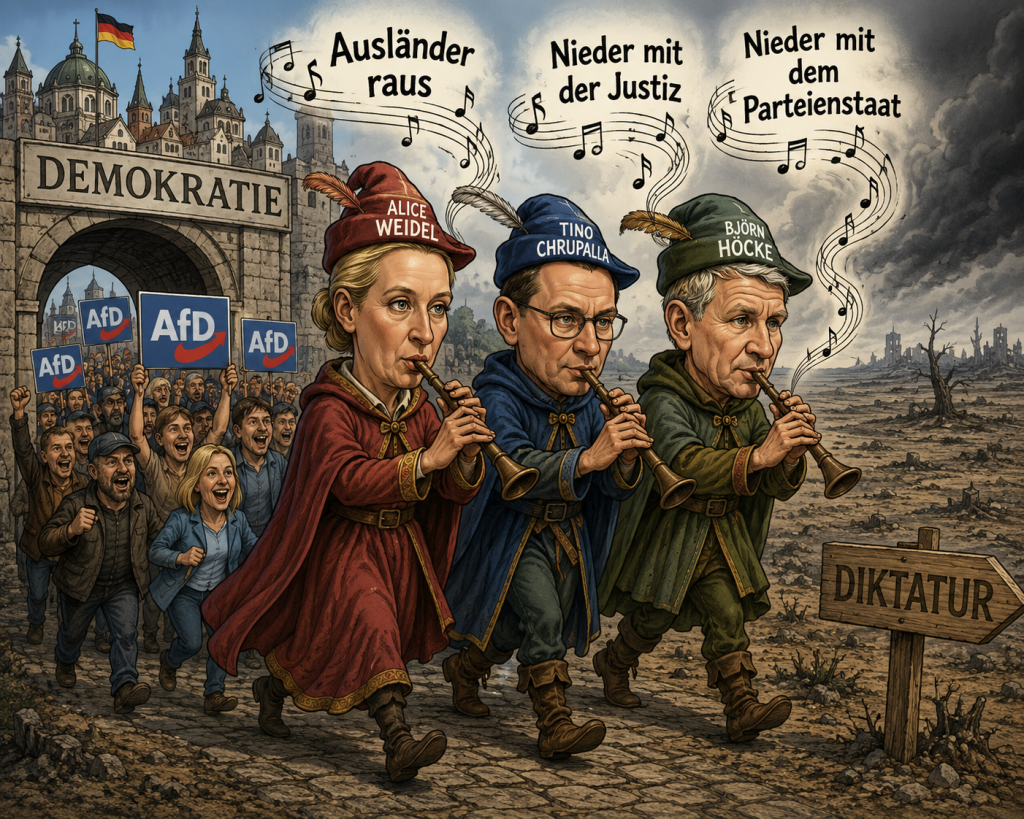 Als Rattenfänger locken Weidel, Chrupalla und Höcke ihre Anhänger aus der Burg der Demokratie in die Wüste der Diktatur.